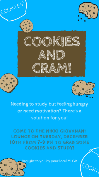 Poster with the words stating 'Cookies and Cram!' with a blue background and chocolate chip cookies