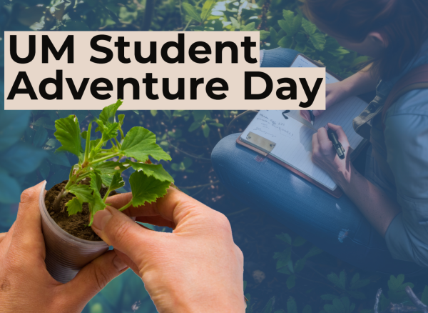 A student holds a small potted plant.  In the background, a student writes in a journal.