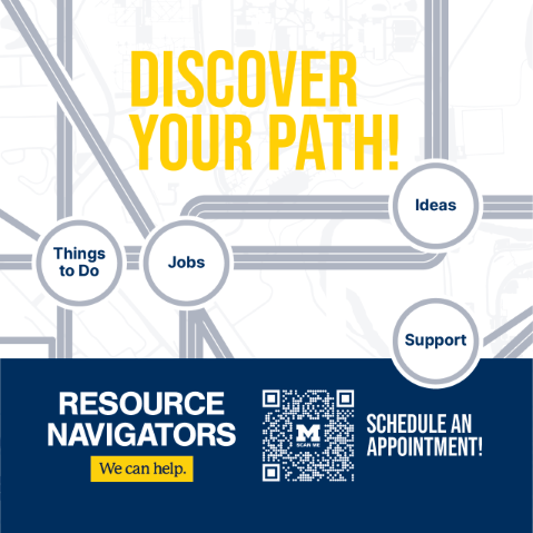Grey scale map with pinpoints like "Ideas" and "Support" interconnected on campus. Text: Discover your path. We can help.