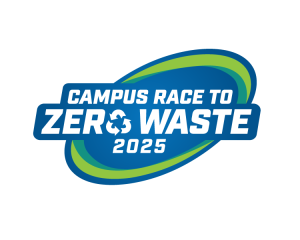 A blue and green circular logo with a chasing recycling arrow and the words "Campus Race to Zero Waste 2025"