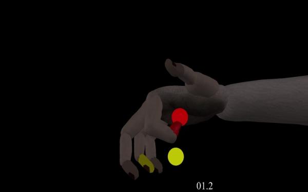A digital hand model of a prosthetic reaches for specific points with fingers