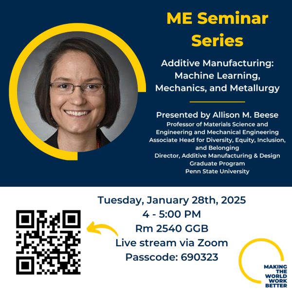 ME Seminar Series event information, a photo of Allison Beese, and a QR code to scan to join the Zoom meeting