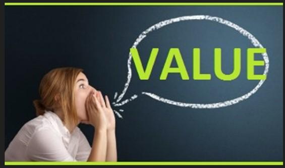 Person speaking into a word bubble that says "value"