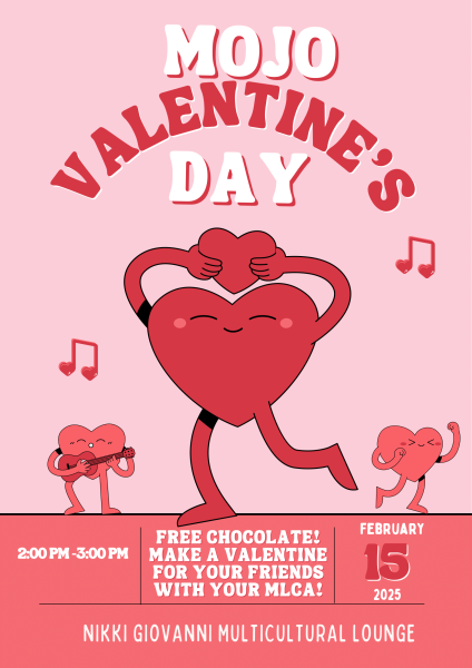 Poster with the words stating 'MOJO Valentine's Day' with images of a dancing heart and a heart playing a guitar