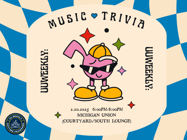 This is an updated flyer for "UUWeekly: Music Trivia," scheduled for February 20, 2025, from 6:00 PM to 8:00 PM at the Michigan Union (Courtyard/South Lounge). The design remains playful, featuring a pink cartoon character with bunny ears, sunglasses, a yellow cap, and boots. The background consists of a dynamic blue and beige checkerboard pattern, accented with colorful stars. Logo at the bottom left saying "UUWeekly Daytime Programs,"