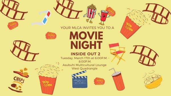 Yellow background with imagery of popcorn, film, and 3D glasses with words stating ‘Your MLCA invites you to a Movie night Inside Out 2’