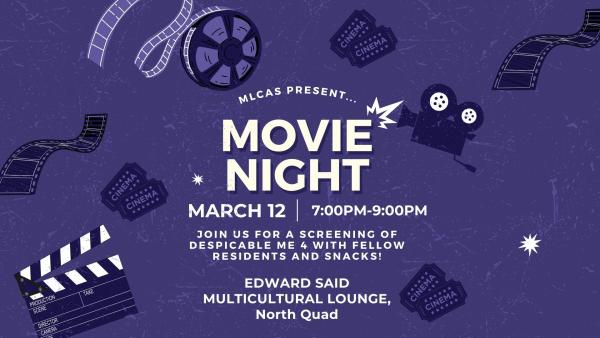 Purple background with cameras and film with the words stating ‘MLCA’s present…Movie Night’
