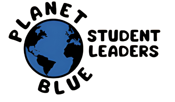 Planet Blue Student Leader text in black around a blue and black globe