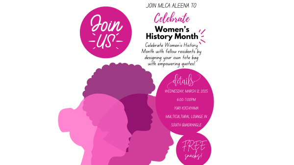 Poster with the words stating ‘Join Us! Join MLCA Aleena to celebrate women’s history month’ with pink and black letters with imagery of women