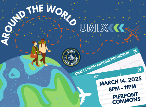 "Around the World UMIX," a late-night event. It features an illustrated globe with two travelers walking on it, surrounded by a starry night sky. A dotted flight path leads to an orange airplane, symbolizing global exploration. Event details are displayed on a boarding pass, stating "March 14, 2025, 8 PM - 11 PM, Pierpont Commons," with a mention of "Crafts from Around the World!"