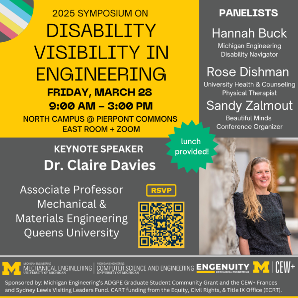 Promotional flyer for DisVis Symposium including event information, photo of Claire Davies, and registration QR code. Event information: March 28th 9am-3pm, Pierpont Commons East Room + Zoom