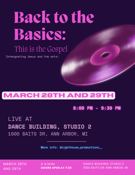 A flyer saying when/where the variety show is: March 28th and 29th, Dance Building, doors open at 7:30pm