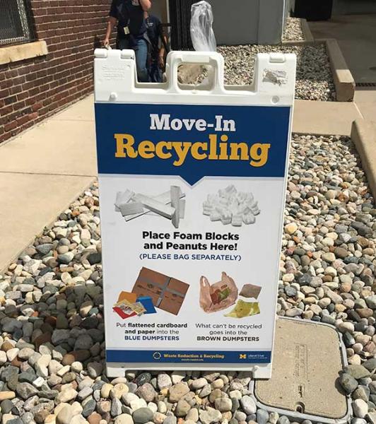Sandwich board depicting recycling services available during move-in.
