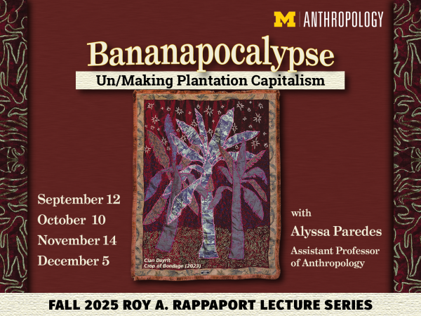 Tapestry depicting three banana trees growing from ground comprised of the outlines of human bodies.