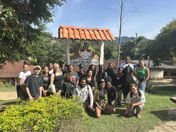 GCC Brazil 2025 students and Professor Frieda Ekotto visiting Quilombo Ivaporunduva in Brazil