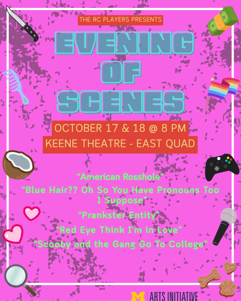 Colorful theater event poster with the text "Evening of Scenes" on a pink splatter background. Includes event details, play titles, and playful icons like a knife, coconut, and game controller.