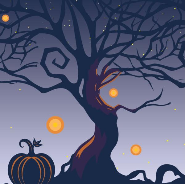 A graphic of a leafless tree at night with a pumpkin at its base