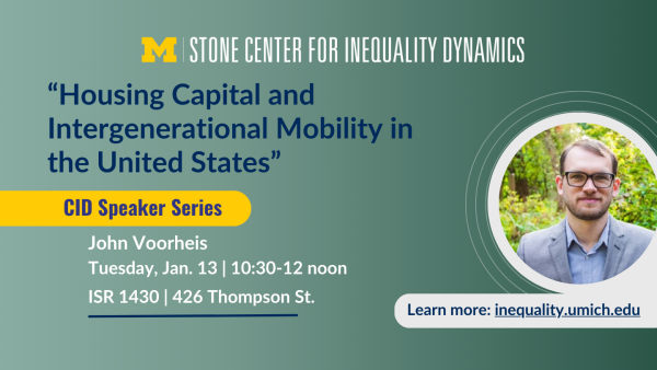 Event flyer for a talk on housing capital and mobility in the United States by John Voorheis.