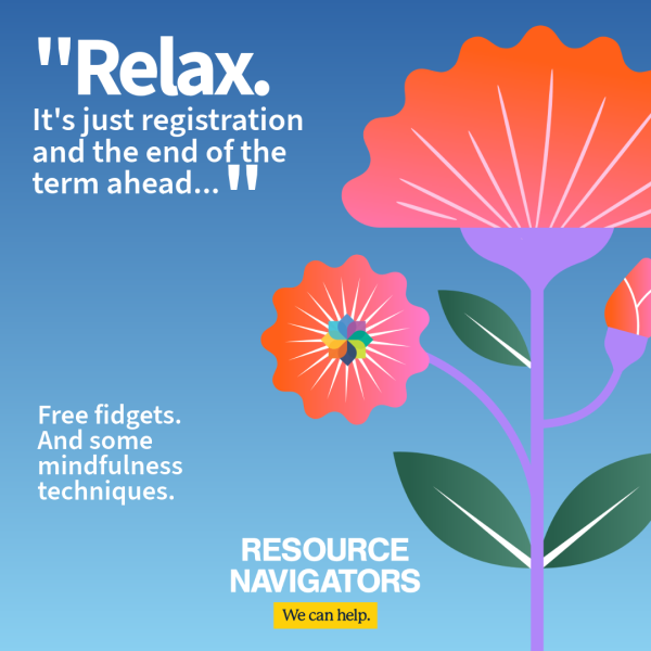 Blue background with stylized flowers, one with the Michigan wellness wheel in its center.
